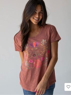 NATURAL LIFE Boho Cotton Tee Shirt - Rust, Folk Flower, Size Medium